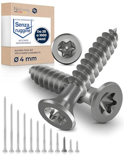Tornillos para madera de acero inoxidable A2 cabeza avellanada Torx TX20 – Rosca completa – 4 x 25 mm – 10 unidades – Tornillos universales para madera
