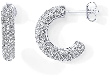 PAVOI Rhodium Plated 925 Sterling Silver Post Cubic Zirconia Chunky Hoop Earrings - Thick Lightweight Gold Hoop Earrings for Women - Fully Studded Earring
