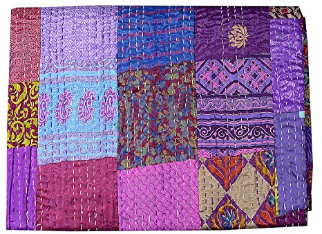 Rajasthaniartdecor Indian Handmade Vintage Silk Sari Patola Ethnic Reversible Blanket Bedspread Throw Stitch Patchwork Kantha Quilt (Purple, Poster 40x60 Inch)