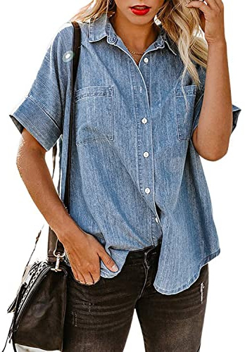 utcoco Women's Button Down Denim Shirt Casual Loose Short Sleeve Jean Shirts Tops with Pockets (Large, Blue Grey)