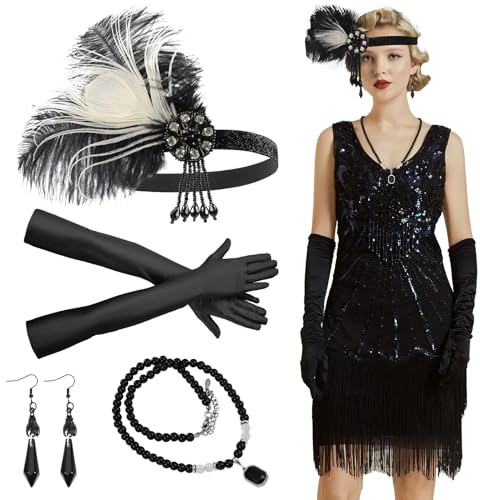 Menwings 1920er Jahre Accessoire Set mit Feder Stirnband, Ohrringen, schwarzen Handschuhen, Perlenkette, Great Gatsby Motto Damenkostüm für Halloween, Fasching, Kostümpartys