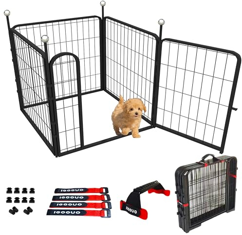 IGOOUO Puppy Playpen Indoor/Outdoor 61cm High, Portable Dog Playpen with Easy-Carry Straps,4 Panels Dog Pen Play Pen for Small Dogs,Rustproof Pet Playpen for Camping RV Yard(with One Door)