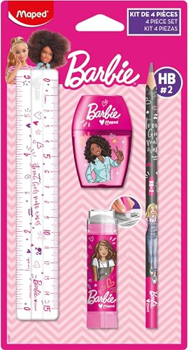 Maped - Set de Papeterie Barbie 4 Pièces - 1 Règle Transparente 15cm + 1 Taille-Crayons 1 Trou + 1 Gomme Tube Protégée + 1 Crayon Papier HB - Licence Barbie Officielle
