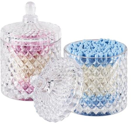 Qtip holder glass apothecary jars with lid bathroom accessories vanity organizer and make-up storage for cotton buds, ball, make-up sponges, bath salts, canister dispenser, 2 pack