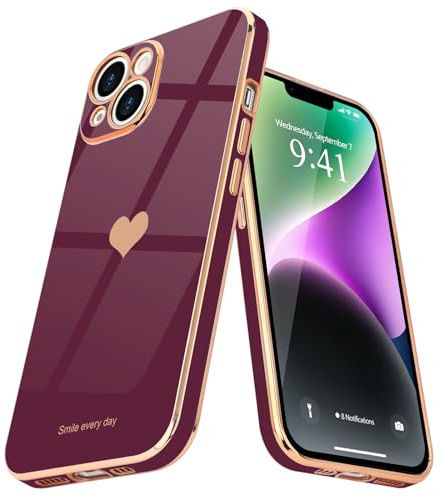 Teageo Lovely Case for iPhone 14, Cute Heart Back, Wine red | Luxury Bling Plating, Soft TPU, Anti-Scratch Shockproof Bumper, for Women Girls, Lovely Heart Pattern