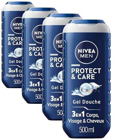 NIVEA MEN Gel douche 3-en-1 Protect & Care (1 x 500 ml), Gel douche homme à l’aloe vera, Soin nettoyant pour homme visage, corps et cheveux (Lot de 4)