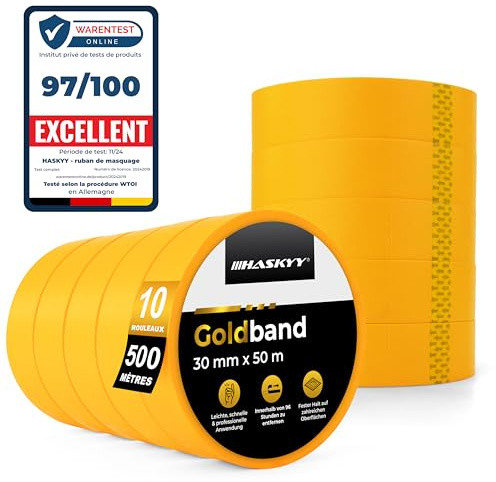 HASKYY guldband målningstejp 10 x målningstejp 30 mm x 50 m professionell maskeringstejp Washi tejp guld papperstejp självhäftande