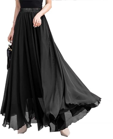 FM2018XSL Women’s Elastic Waist Chiffon Maxi Skirt Flowy Full Length Beach Skirt Black
