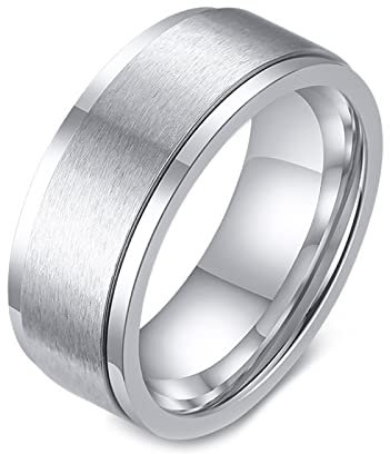 Grewod Angst Ring Edelstahl, 8MM Herren Ring Silber Spinner Ring Gebürstet Anti Stress Ring Größe 57 (18.1)