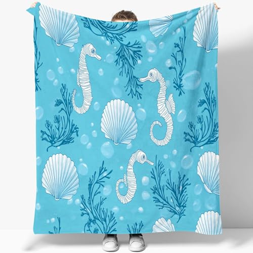 Kuscheldecke Retro Seepferdchen Koralle Flauschige Weiche Wohndecke Komfortable Blau Weiß Tagesdecke Sofa Bett Couchdecke Kinder Jugendliche Wohnzimmer 150 X 200 cm