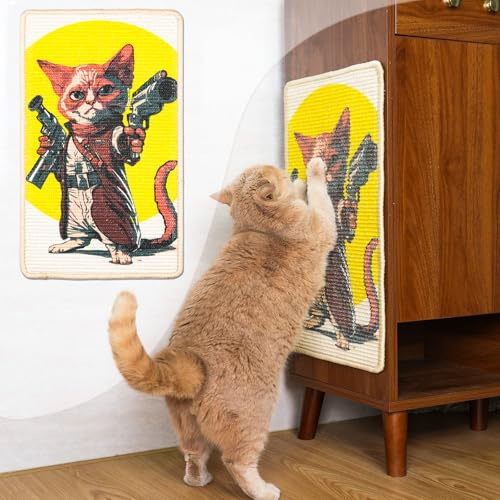 SOLDAY Tapis griffoir en sisal pour Chat - 56 x 33 cm - pour Sol, Mur, Tapis, Meubles de canapé, Planches à gratter avec Fermeture Velcro - Protection des Meubles Anti-Rayures(Chat Pistolet)