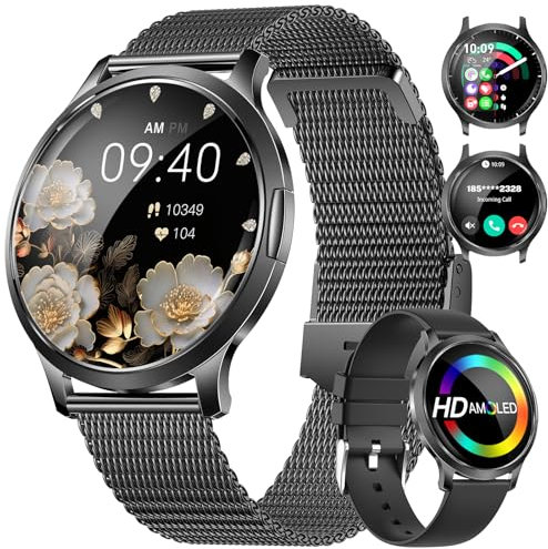 DREMAC Smartwatch Damen,1.32'' Amoled Kreisbogen Display,Damen Armbanduhr mit Pulsumesser/Menstruationszyklus/SpO2/Schlafmonitor,IP68 Wasserdicht Fitness Tracker für iOS Android Schwarz