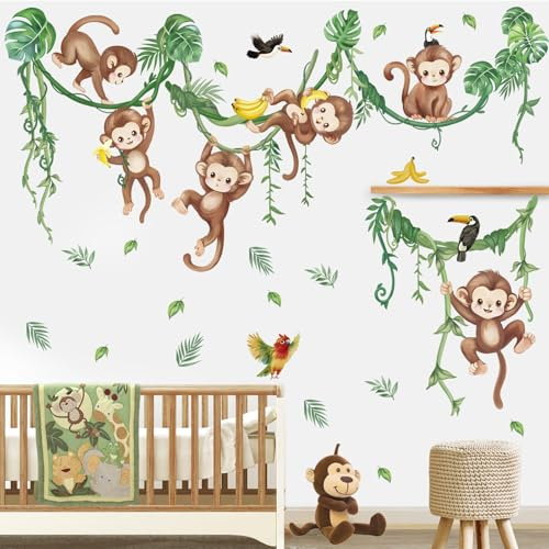 wondever Wandtattoo Affen Reben Wandsticker Tiere Dschungel Tropische | Abziehen und Aufkleben, Abziehbar, Wandaufkleber Selbstklebend für Kinderzimmer Babyzimmer Schlafzimmer Wanddeko