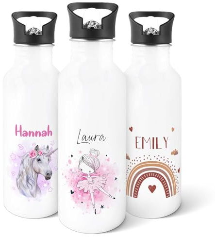 GRAVURZEILE - Bedruckte Trinkflasche aus Edelstahl - Ballerina - Personalisiert mit Namen - 600 ml - Auslaufsicher mit klappbarem Mundstück und integriertem Trinkhalm