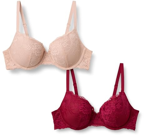 Amazon Essentials Sujetador con Relleno y Aros de Cobertura Total, Encaje Elástico Suave Mujer, Paquete de 2, Burdeos/Pétalo Claro, 90C