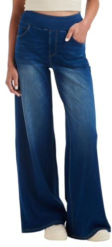 SotRong Jeans da donna a gamba larga con elastico in vita elasticizzata e controllo della pancia, elasticizzati, larghi, vestibilità rilassata, pantaloni in denim palazzo, Blu scuro, XL