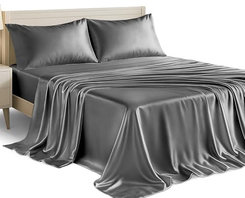 Lux Décor 4-Piece Satin Sheets Queen Size – Luxury Silky Soft 100% Polyester Woven Fabric, Deep Pocket Fitted Sheet – Smooth & Breathable Bedding with 2 Pillowcases (Dark Grey)