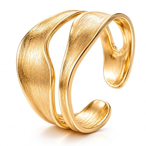 Breiter Strukturierter Ring Damen – Verstellbarer Edelstahlring Goldfarben, Offenes Design ,Wasserbeständig, Hautfreundlich, Mit Geschenkbox, Eleganter Statement Ring als Geschenk für Frauen