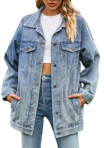 Womens Denim Jackets Long Oversized Jean Jacket Western Boyfriend Button Up Shacket Fall Outfits Coats with Pockets