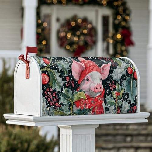 Copertura magnetica per cassetta postale a forma di maiale, con bacche di agrifoglio, decorazioni natalizie rosse per la casa e il giardino, 45,7 x 53,3 cm