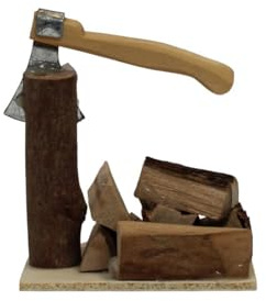 ZICOM Krippenzubehör Miniaturzubehör Hackstock mit Axt und Holzscheiten Höhe 7cm Holz Natur Unikat, Modellbau Puppenhaus