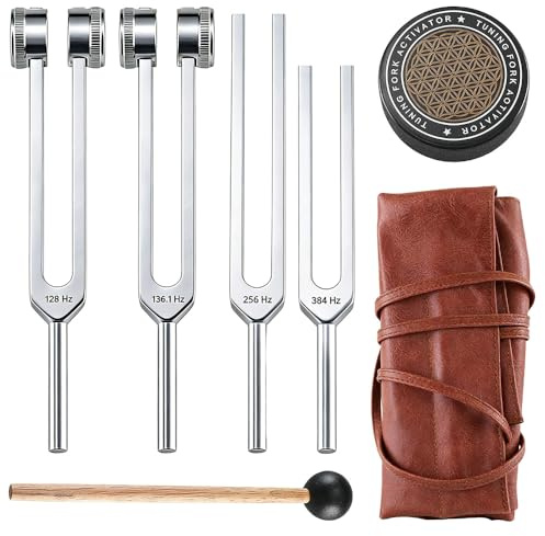 SGZIOO Tuning Forks for Healing Set (128Hz, 136Hz, 256Hz, 384Hz), Tuning Fork with Activator and Leather Pouch, Chakra Tuning Forks Set, Healing Instruments for Yoga, Meditation, Sound Therapy