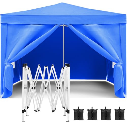 Easy-Up 10'x10' Sun Shade Canopy with 4 Detachable Side Walls, Portable Gazebo Pavilion for Events, Comes with Sandbags & Storage Bag (Blue)