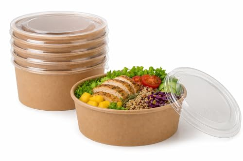 BEGREEN 1000ml Salad Bowl with Lid | Brown Kraft 320 GSM Paper Food Container 50 Qty | Eco-Friendly Disposable | Compostable for Restaurants Cafes Takeout Events
