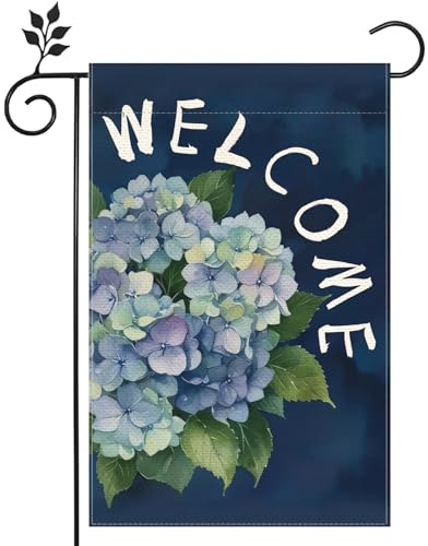 Bandiera da giardino con ortensia blu di benvenuto primaverile, 30,5 x 45,7 cm, double face, decorazione per la casa