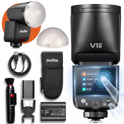 Godox V1 MID N kamerablixt för NIKON med AK-R11 diffusor, 55Ws Speedlite, 24mm optik, 650+ blixtar, TTL/HSS 1/8000s, V1MID reseblixt för Z6III Z8 Z5 Z50II Z50 Zfc Z6II Z30 Z6 Z50II Z7II Z8 Z9 D3500