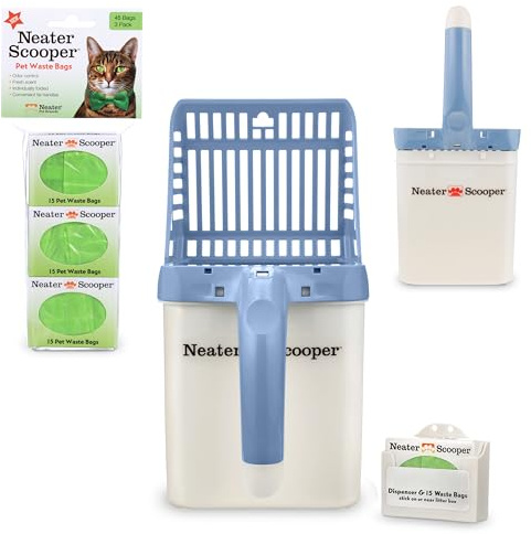 Neater Pet Brands - Neater Scooper Cat Litter Scoop and 60 Count Refill Bag Bundle - Cat Litter Sifter Poop Scoop System with Extra Waste Bags, Blue