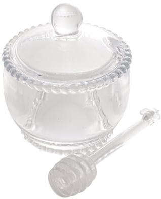 WOLFF Crystal Honey Pot with Lid and Dipper, 7oz Clear Beaded Pearl Design Honey Jar Dispenser for Syrup or Maple, 4 x 3 x 2.8 Inches