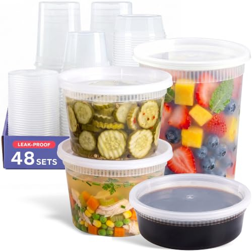 GUSTO To Go Food Containers with Lids [8 oz, 16 oz, 32 oz - 48 Count] - Deli Plastic Food Storage Containers with Lids for Meal Prep, Leftovers, and Freezer Storage - Formerly Comfy Package