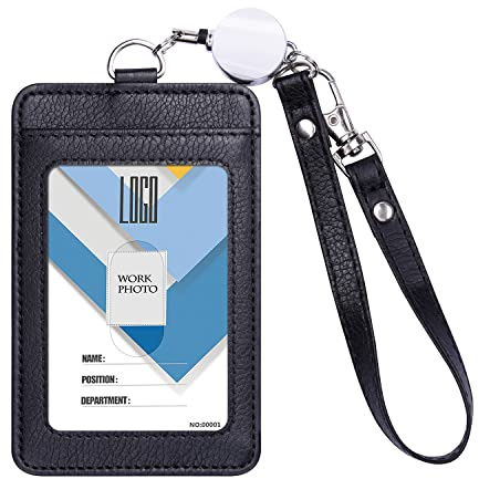 Wisdompro Ausweishalter Ausziehbar Leder, Ausweishülle mit Schlüsselband Kurz, Badge Holder für Ausweise, Kreditkarten, Busfahrkarten, Schwarz (Vertikal)