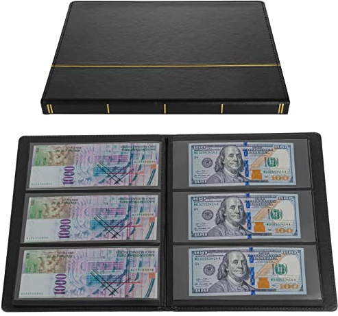 TsunNee Papier Geldsammelalbum 60 Taschen, Ledereinband Währungssammlung Halter Buch, Doppelseitiges Papier Geld Aufbewahrung Album, Bill Gedenkgeld Penny Halter für Sammler, Schwarz
