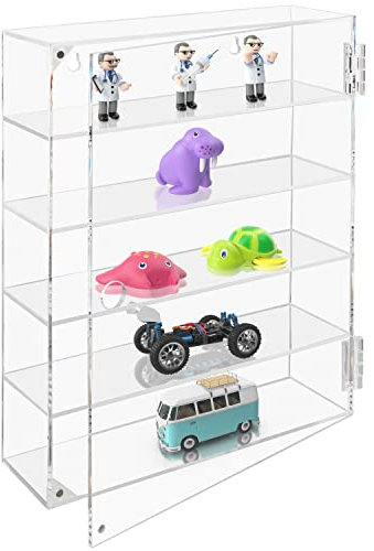 Belle Vous 5-Tier Clear Acrylic Wall Display Case - 27.5 x 7.5 x 35.7cm/10.83 x 2.95 x 14 Inches - Mounted Cabinet Storage Organiser Rack with 5 Shelves for Shot Glasses, Figurines & Rock Collection
