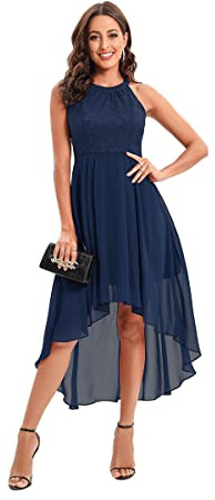 Odizli Abito da sera elegante, per matrimonio, da donna, con allacciatura al collo, in chiffon, da cocktail, A # blu navy, M