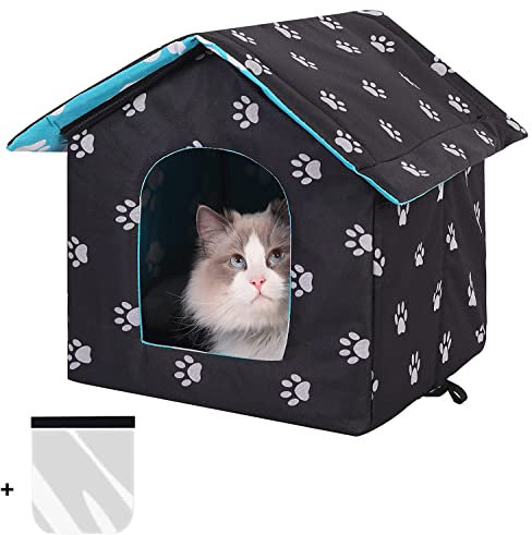 Katzenhaus Outdoor Winterfest, Katzenhöhle für Draußen, Katzenhaus Für Draußen Wasserdicht, Kombiniert isolierte Aluminiumfolie Mit abnehmbarem Transparentem Vorhang (L, Black)