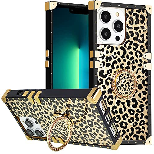 DMaos for iPhone 12 Pro Max Case with Ring for Women, Gold Gorgeous Rhinestone Bling Diamond Kickstand, Premium for iPhone12 Pro Max 6.7'' - Leopard