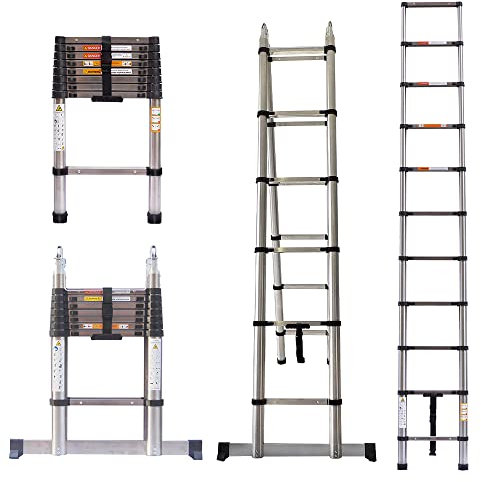 AUTOFU 10.5FT Telescopic Ladder 3.2M Telescoping Loft Ladder Folding Extendable Home Ladder, Max Load 330lb, Adjustable 11 Steps, for Decorating, Painting, Cleaning, Repairing, 10.5ft straight ladder