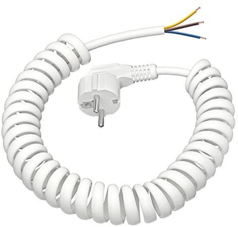 Spiralkabel 3M, 0,3M auf 3M Dehnbare Anschluss Spiralkabel mit Schutzkontaktwickelstecker, Verlängerungskabel, Schuko Stromkabel mit Offenem Ende, 230 V / 16 A, IP20 Innenbereich, Weiß