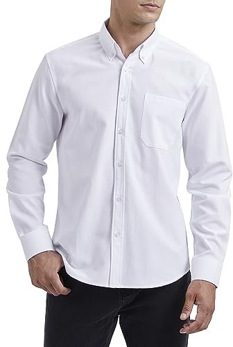 HISDERN Men's White Oxford Shirt Long Sleeve Casual Plain Button Down Smart Dress Shirts for Men Adult with Pocket Regular Fit M