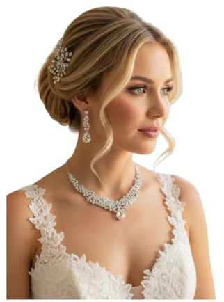 ONDEGO® Schmuckset Silber Strass Halskette Ohrringe Collier Armband Hochzeit Brautschmuck Kommunion Ball Abiball Prinzessinnen Schmuck
