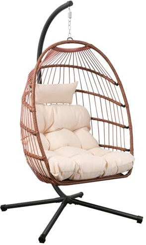 Goutime Silla Colgante de Huevo con Soporte y Funda Impermeable, Silla oscilante Plegable con cojín Resistente a los Rayos UV, Capacidad de 204KG para Interior (Marrón Rojizo con Soporte)