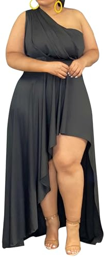 Ekaliy Women's Plus Size One Shoulder Dress Sexy High Low Irregular Hem Flowy Party Cocktail Maxi Dress Black XL