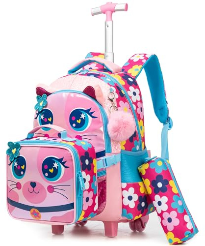 HTgroce Cartable à roulettes Sac à Dos Filles Cartable Primaire de Voyage Sac Trolley avec Sac Repas Trousse à Crayons Sac à Dos à roulettes CM1