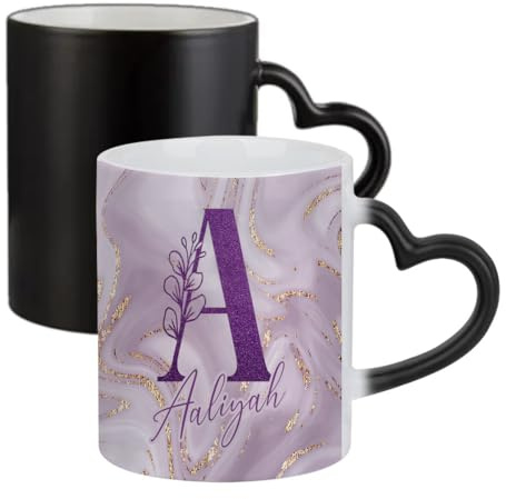Getagift Personalised Initial with Name, Glitter Marble Alphabet, Gift for Girls, Ceramic Heart Handle Mug, Colour Changing, Magic Mug.