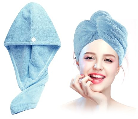 Xkzhrr Handtuch für Haare, 2 Stück, zum Trocknen, Mikrofaser-Handtuch, lockiges Haar, super saugfähig, mit Knopf-Design, Anti-Frizz schnell trocknend, Handtuch (blau)