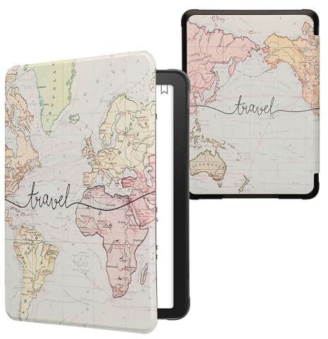 kwmobile Schutzhülle für Amazon Kindle Paperwhite (2024)/Colorsoft Hülle - eReader Flip Case mit Auto Sleep Funktion - Travel Schriftzug mit Schwarz Mehrfarbig
