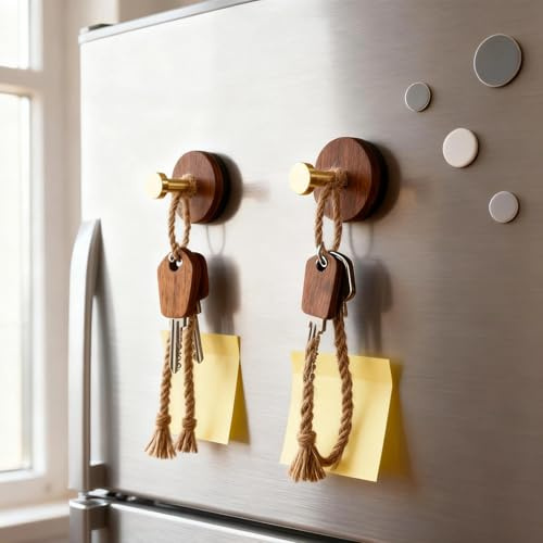 WJUAN 2 Stück Garderobenhaken Holz, Magnetische Handtuch Haken, Runde Garderobenhaken Vintage, T-Haken mit Schrauben und Magneten, für Aufhängen von Kleidung, Hüten